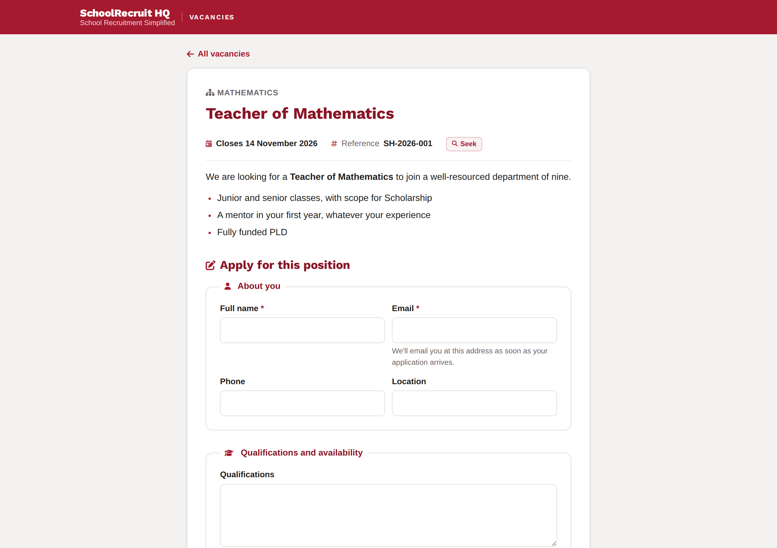 A vacancy page with the application form beneath it.
